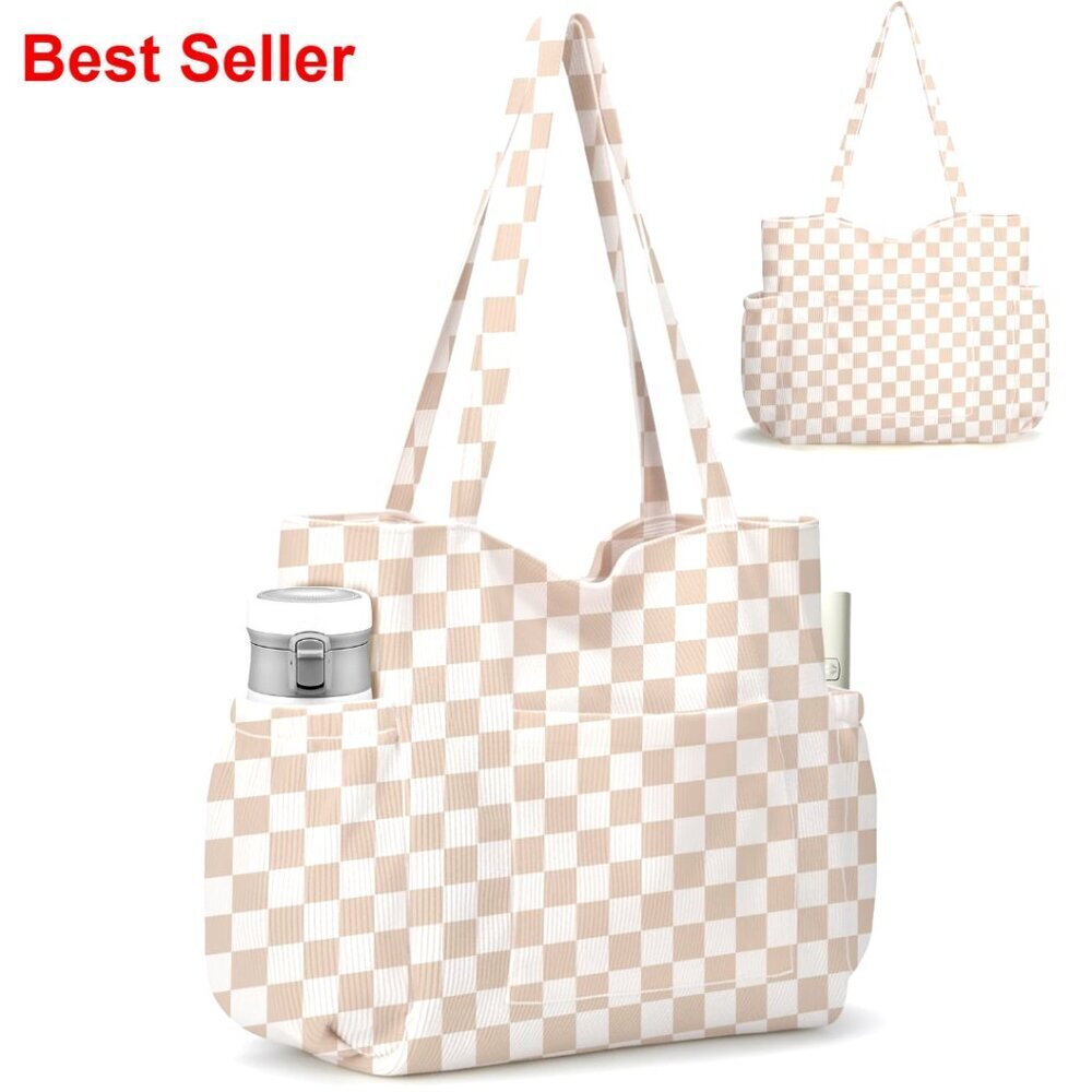 Large Corduroy Tote Bag with 6 Pockets, Crossbody Shoulder Handbag